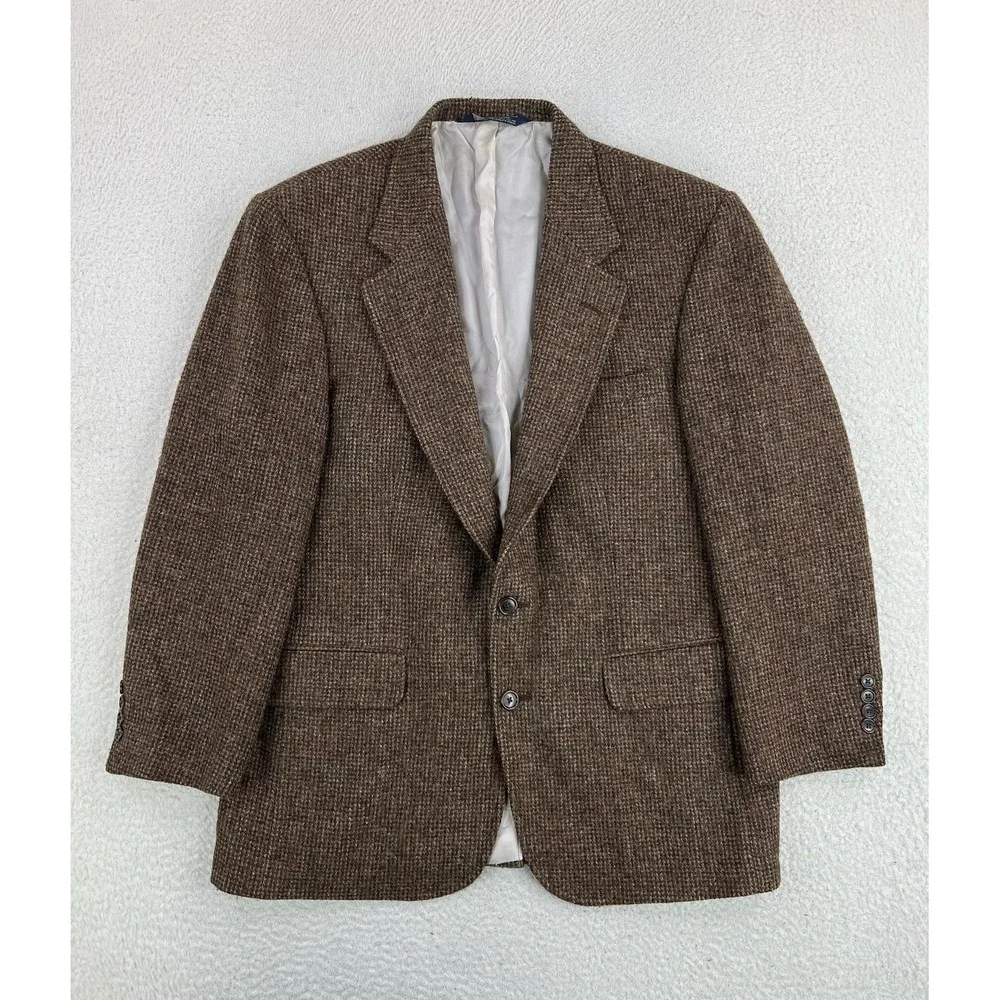 Lands' End Harris Tweed Blazer Mens 42R Brown Check Wool Sport Coat USA
